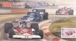 1976b McLAREN-COSWORTH TYRRELL-COSWORTH FERRARI USA F1 cover signed IAN SCHECKTER