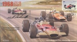 1968c LOTUS-COSWORTH & McLAREN-COSWORTH MEXICO F1 cover signed KEITH DUCKWORTH