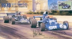 1973c TYRRELL-COSWORTH JPS LOTUS-COSWORTH MONACO F1 cover signed JACKIE STEWART